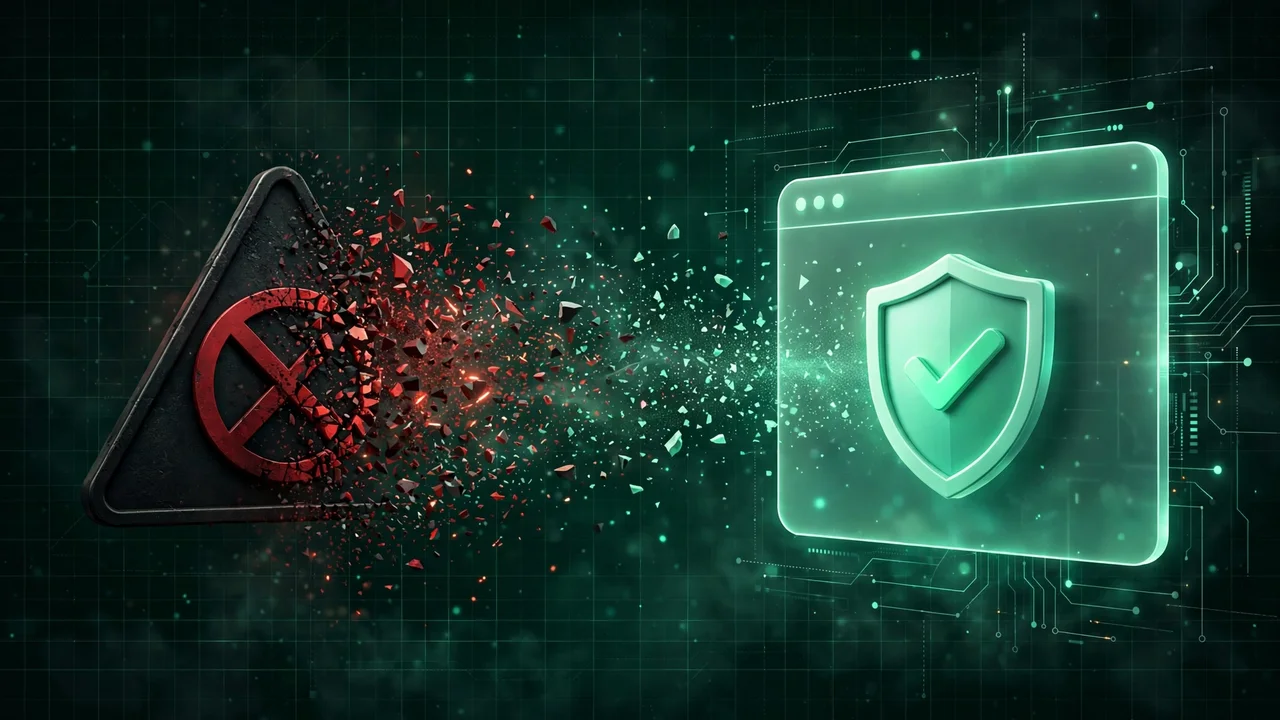 Illustration of a website warning sign dissolving as a trusted shield appears