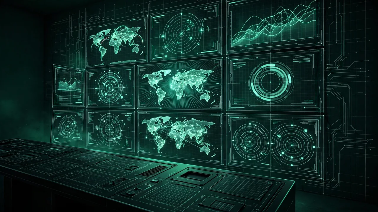 Illustration of a security operations monitoring wall with a world map and threat graphs