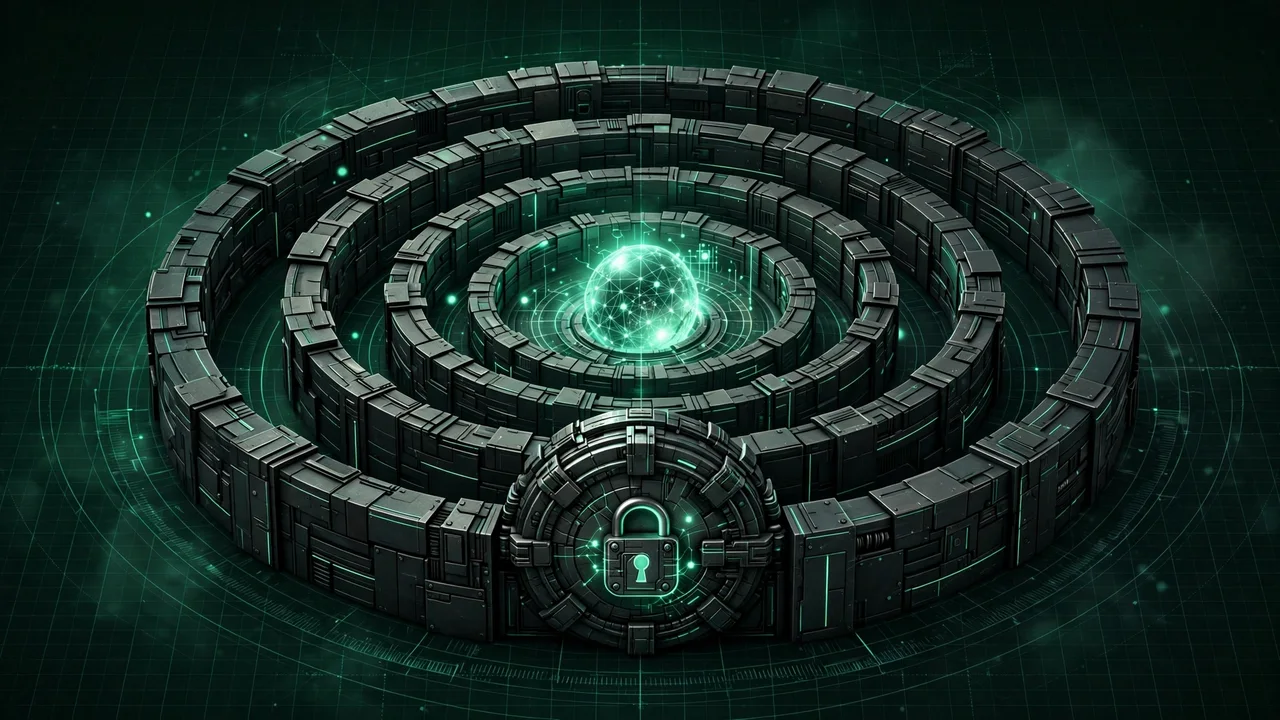 Illustration of layered digital fortress walls and a vault door protecting a website