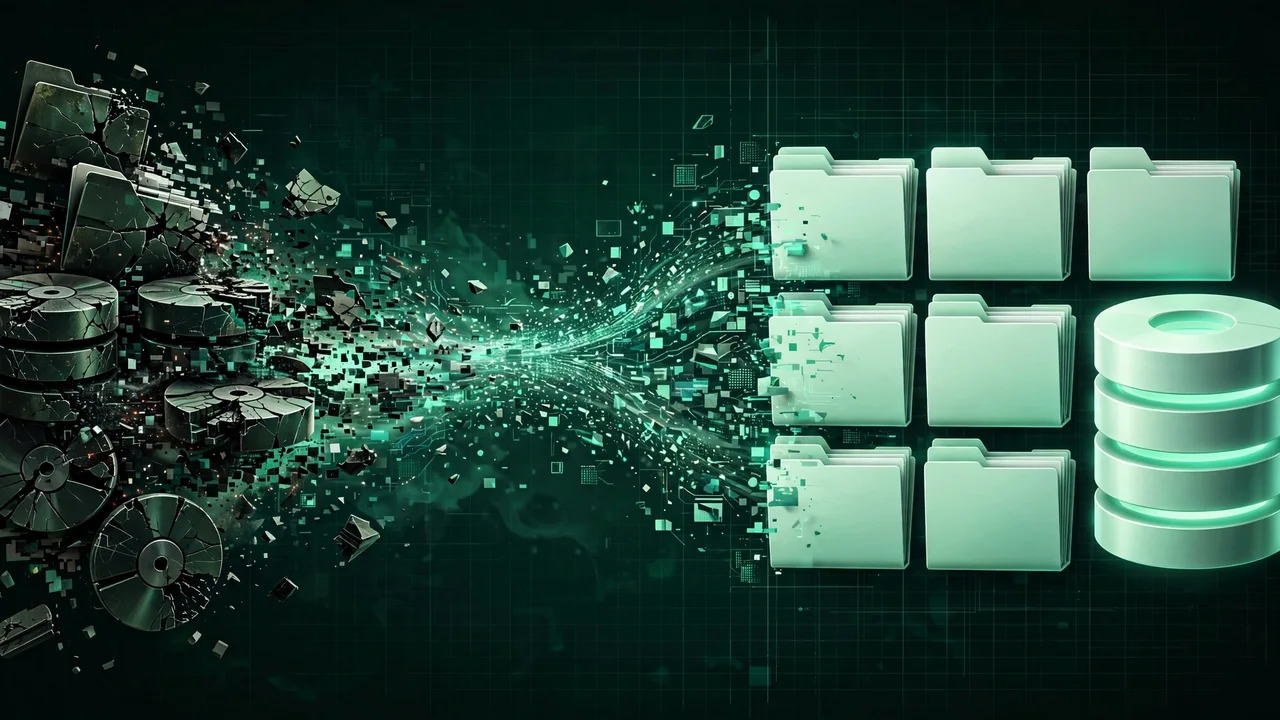 Illustration of corrupted files and a database being restored to a clean, ordered state