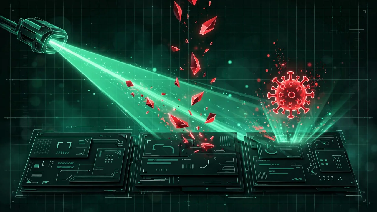 Illustration of a scanner beam removing a glowing red virus from website code panels