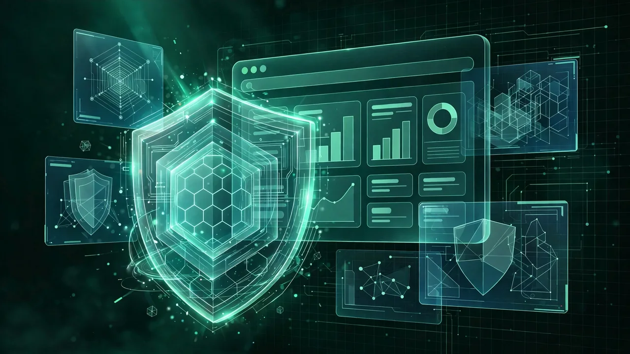 Illustration of a glowing shield protecting a website dashboard