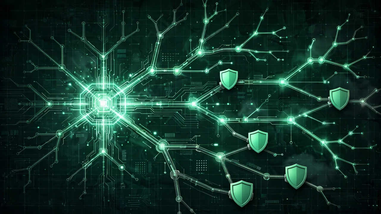 Illustration of a glowing network tree with exposed branches sealed off by shields