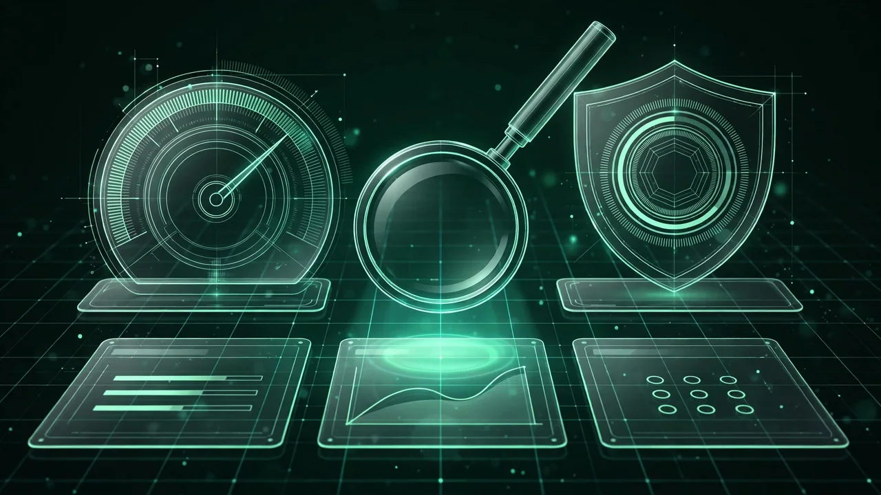 Illustration of an audit dashboard with speed and shield gauges under a magnifying glass