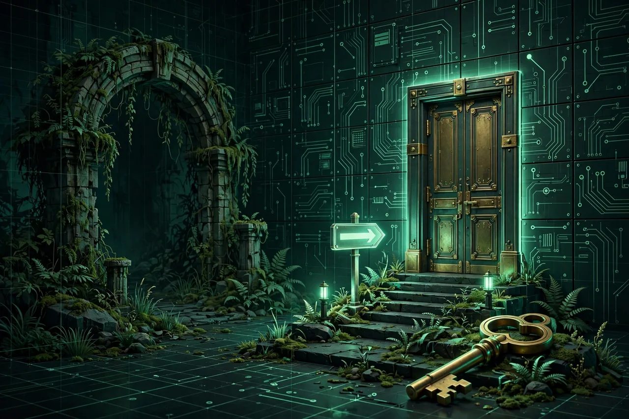 Illustration of a hidden brass door in a circuit wall, reached by a signposted side path with a large key
